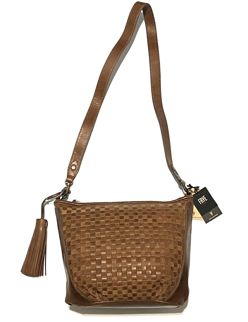 Frye Oriana Woven Leather Crossbody Hobo Purse Shoulder Bag Cognac Brwn NWT $348